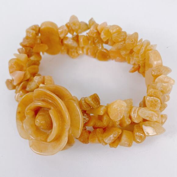 Genuine Honey Jade Gemstone Carved Rose Stretch Bracelet Boho Yellow Floral VTG - Picture 11 of 14